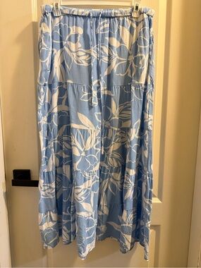 Patrons of Peace Blue and White Floral Tiered Midi Skirt with Pockets